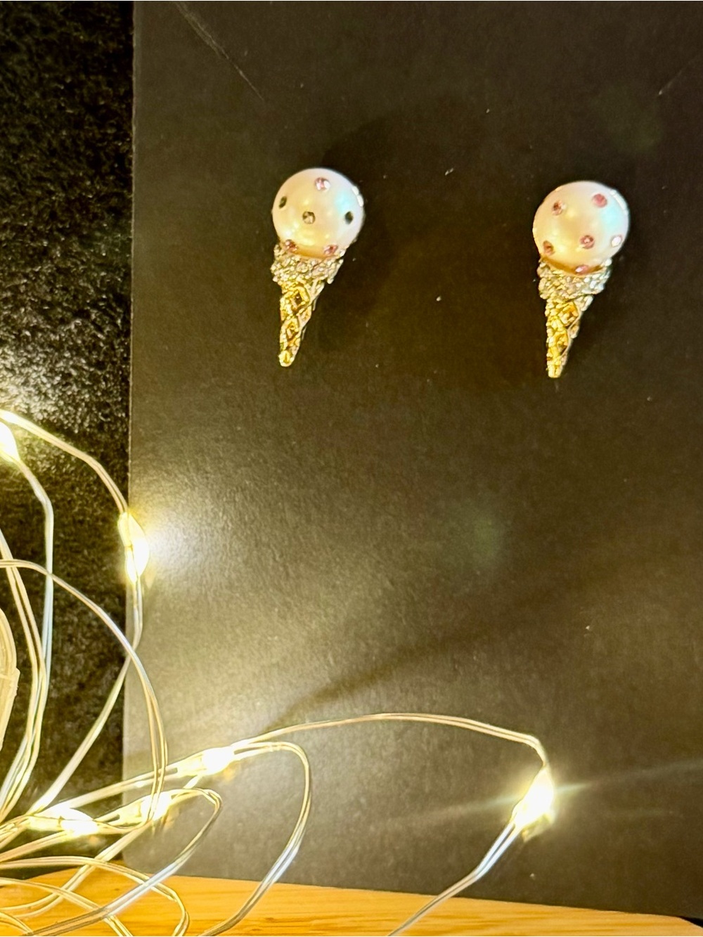 Kate Spade Ice Cream Cone Stud Earrings Pink Rhinestone Enamel Gold Tone